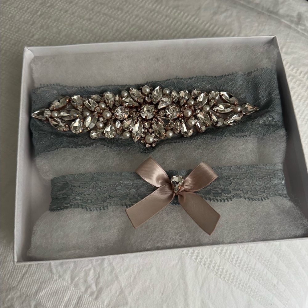 Dusty Blue Crystal Wedding Garter Set